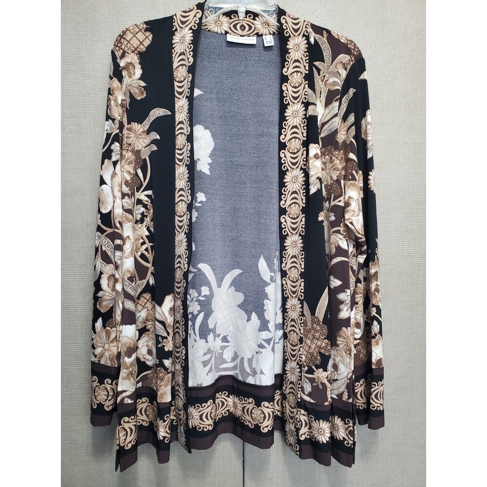 Susan Graver LiquidKnit Black Floral Border Print Open Front Cardigan Size Large